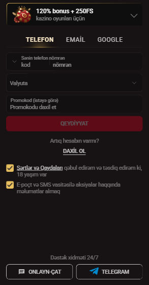 Telefon nömrəsi, valyuta və promo kod sahələri olan Pin Up mobil qeydiyyat forması