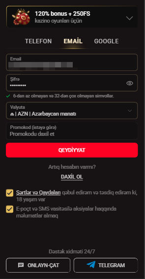 E-poçt, şifrə, AZN valyutası və promo kod sahələri olan Pin Up qeydiyyat ekranı